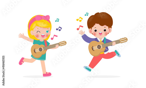 cute kids playing guitar, happy children boy and girl playing the guitar, Musical performance isolated vector Illustration on white background in cartoon flat style