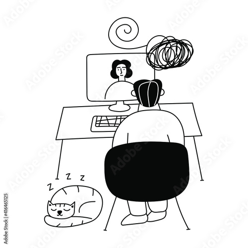 Man at home sitting at the desk with laptop and having conversation with therapist online. Hand drawn vector illustration.