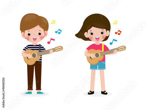 cute kids playing guitar, happy children boy and girl playing the guitar, Musical performance isolated vector Illustration on white background in cartoon flat style