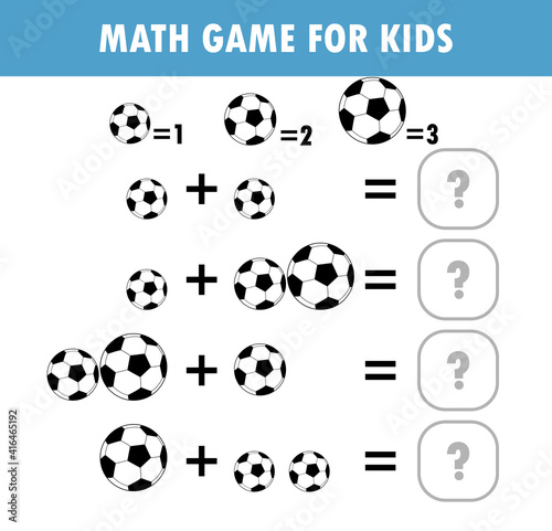 Mathematics educational game for children. Learning counting, addition worksheet for kids. math Addition Subtraction Puzzle football or soccer Trick Question Solve Flat Vector Illustration