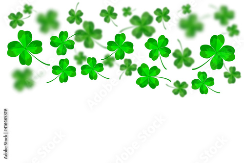 Saint Patrick s Day backdrop. Abstract bright and blurry luck clovers isolated on white background. Happy St. Patricks Day banner with flying lucky shamrock leaves and copy space. Vector illustration