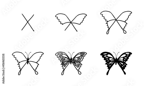 how to draw a butterfly from X step by step. easy and fun activity for kids development and creativity. tutorial of drawing animal and object from alphabet series in vector illustration. 