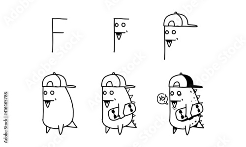 how to draw a cute dinosaur from F step by step. easy and fun activity for kids development and creativity. tutorial of drawing animal and object from alphabet series in vector illustration. 