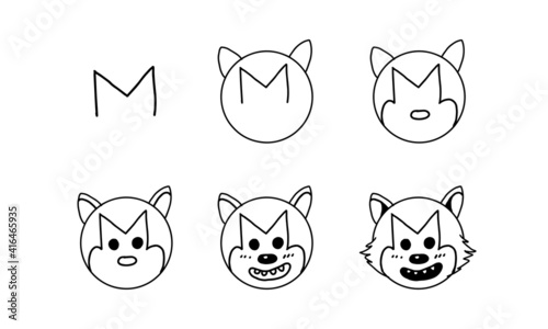 how to draw a cute wolf from M step by step. easy and fun activity for kids development and creativity. tutorial of drawing animal and object from alphabet series in vector illustration. 