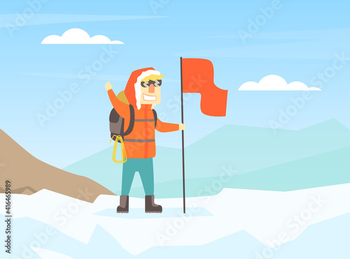 Climber Standing on Top of Mountain with Flag, Mountaineering, Mountain Climbing and Adventure Cartoon Vector Illustration