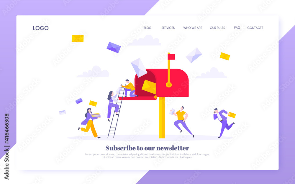 Subscribe now to our newsletter vector illustration with tiny people running toward mailbox. Email news subscription or mail marketing business flat style design landing page website template concept. Subscribe now to our newsletter vector illustration with tiny people running toward mailbox. Email news subscription or mail marketing business flat style design landing page website template concept.