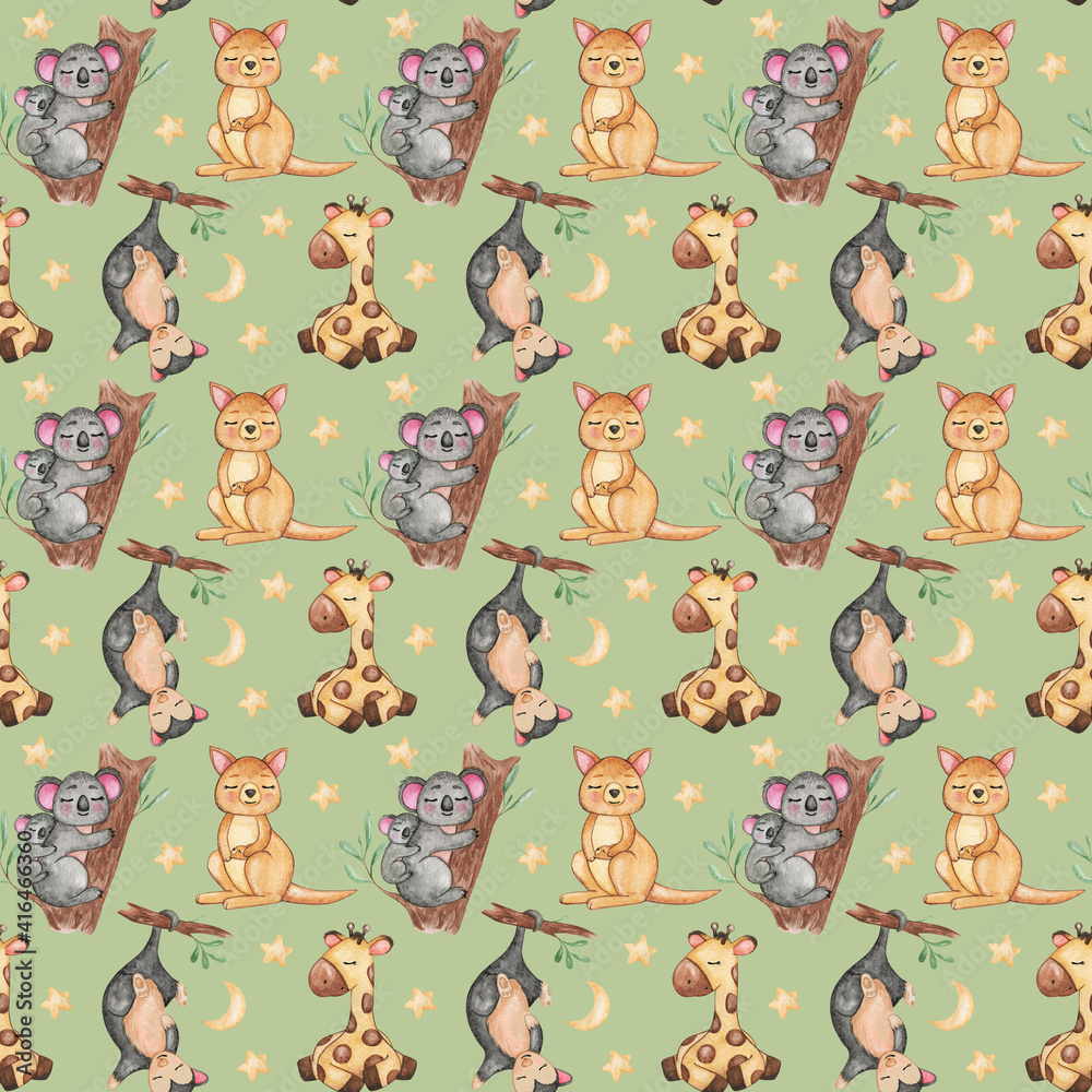 Watercolor australian cartoon kangaroo seamless pattern, Wild animals