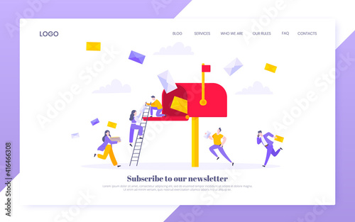 Subscribe now to our newsletter vector illustration with tiny people running toward mailbox. Email news subscription or mail marketing business flat style design landing page website template concept.