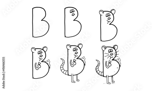 how to draw a fat mouse from B step by step. easy and fun activity for kids development and creativity. tutorial of drawing animal and object from alphabet series in vector illustration. 
