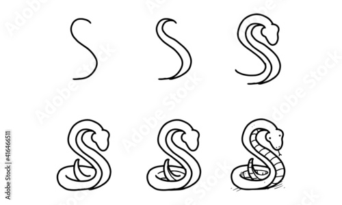 how to draw a snake from S step by step. easy and fun activity for kids development and creativity. tutorial of drawing animal and object from alphabet series in vector illustration. 