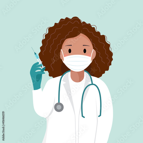 Doctor or nurse in protective medical mask holding a syringe. Kids immunization. Covid19 immunization. Covid-19 corona virus vaccination. Coronavirus. Vaccination concept vector flat illustration.