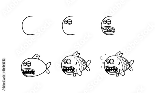 how to draw an ugly fish from C step by step. easy and fun activity for kids development and creativity. tutorial of drawing animal and object from alphabet series in vector illustration. 