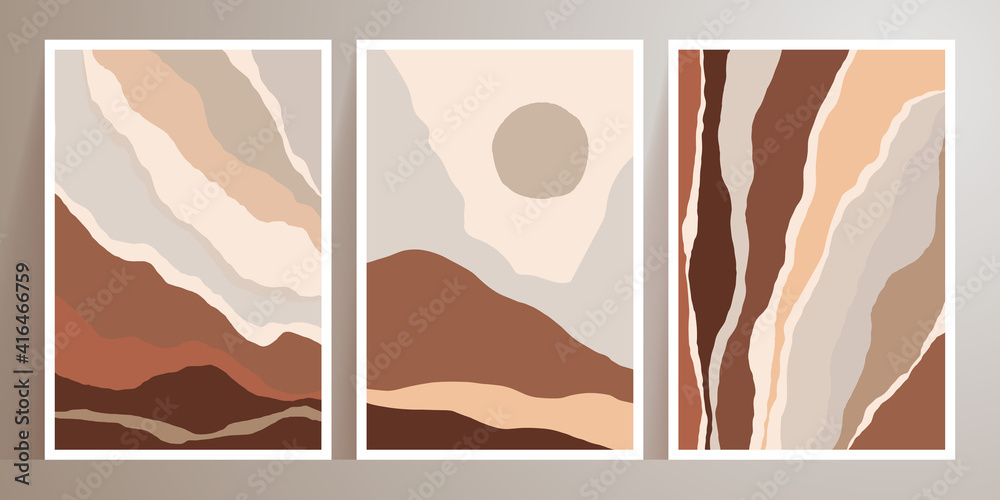 Landscapes wall art vector set. Mountain earth tones backgrounds with moon, sun. Minimal design and natural terracotta colors wall art. Abstract Art poster for print, cover,