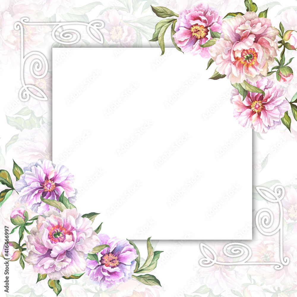 frame with watercolor peonies
