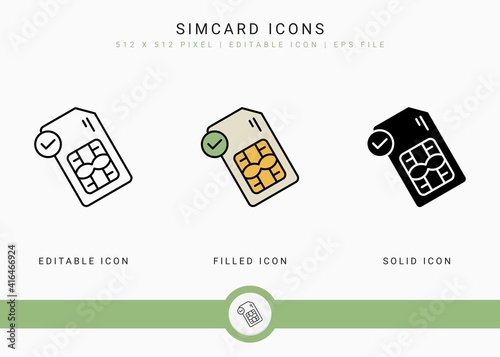 Simcard icons set vector illustration with solid icon line style. Phone chip concept. Editable stroke icon on isolated background for web design, user interface, and mobile application