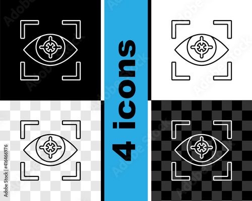 Set line Eye scan icon isolated on black and white, transparent background. Scanning eye. Security check symbol. Cyber eye sign. Vector.