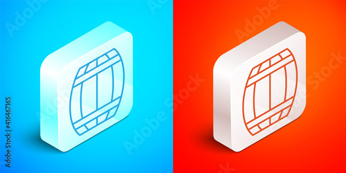 Isometric line Gun powder barrel icon isolated on blue and red background. TNT dynamite wooden old barrel. Silver square button. Vector.