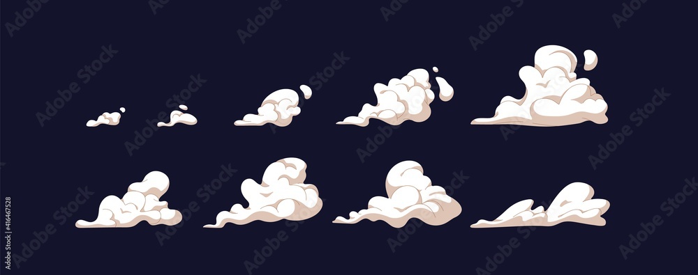 Movement of cartoon steam cloud puffs or smoke of different shapes and sizes. Isolated smoky cumulus elements of gas explosions, dust or vapor. Colored flat vector illustration of fume animation