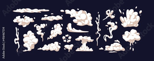 Set of smokes and steam cloud puffs of different shapes. Collection of isolated icons of air trail, dust, explosion, smog, bang, boom, sprite and bubble. Colored flat cartoon vector illustration