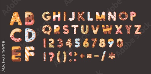 Set of isolated sweet numbers, symbols and letters of bakery alphabet. Kids font from glazed donuts with colorful sprinkles. Cute and fun English ABC. Colored flat cartoon vector illustration