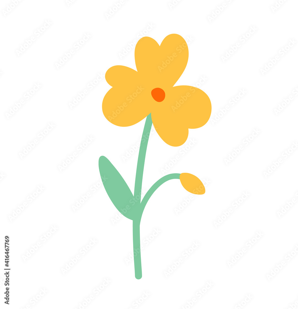 Vector yellow flower clip art isolated on white background. Abstract cute flower illustration in flat style. Botanical design element for cards, invitations, wedding, gift and decoration.