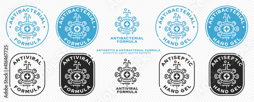 Concept for product packaging. Labeling - GMO-free. Chemical medical flask icon with microbe and liquid line - protection symbol. Vector set.