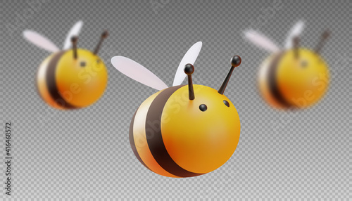 A set of bees in focus and out of focus. Two blur step. Cartoon style. 3D illustration. Vector