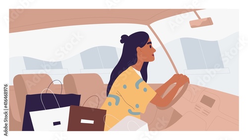 Young dark-skinned woman driving car with pile of shopping bags. Happy beautiful lady inside auto with purchases from sale in clothing store. Colored flat vector illustration of female driver