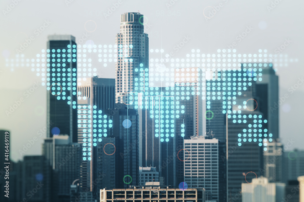 Abstract creative world map interface on Los Angeles skyline background, international trading concept. Multiexposure