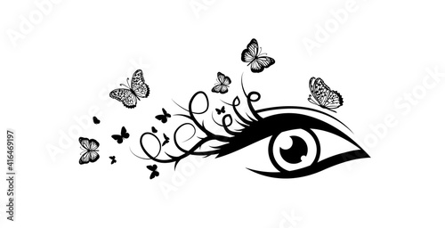 Logo is a beautiful female eye. Lashes with butterflies. Vector illustration