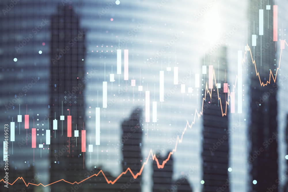 Multi exposure of abstract financial graph on office buildings background, forex and investment concept