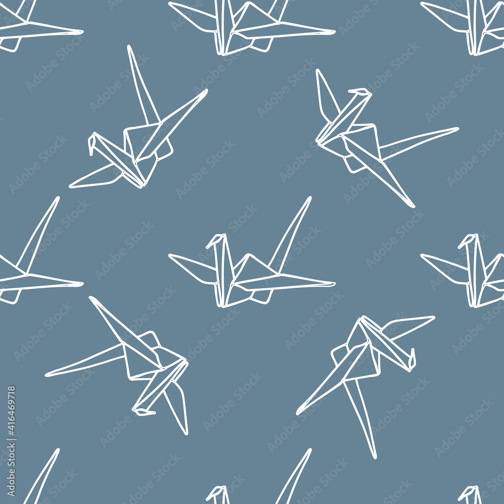 Crane origami seamless pattern. Japanese traditions. White outline on a gray background. Simple hand-drawn vector background. For paper, cover, fabric, gift packaging