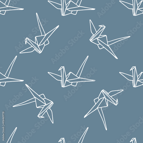 Crane origami seamless pattern. Japanese traditions. White outline on a gray background. Simple hand-drawn vector background. For paper, cover, fabric, gift packaging