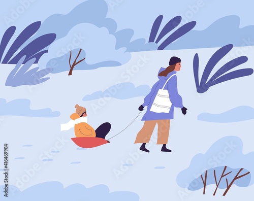 Mother pulling sled with her child in winter park. Woman walking with her kid...