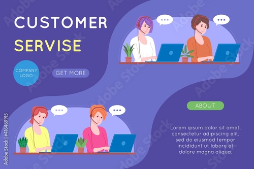 Call center, customer service, support and assistance landing page. Hotline woman operator with headsets and laptop. Concept of telemarketing and consultation. Cartoon vector illustration.