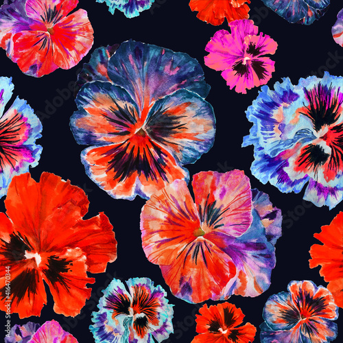 Watercolor floral pattern. Beautiful pansies isolated on dark background. Red, blue flowers