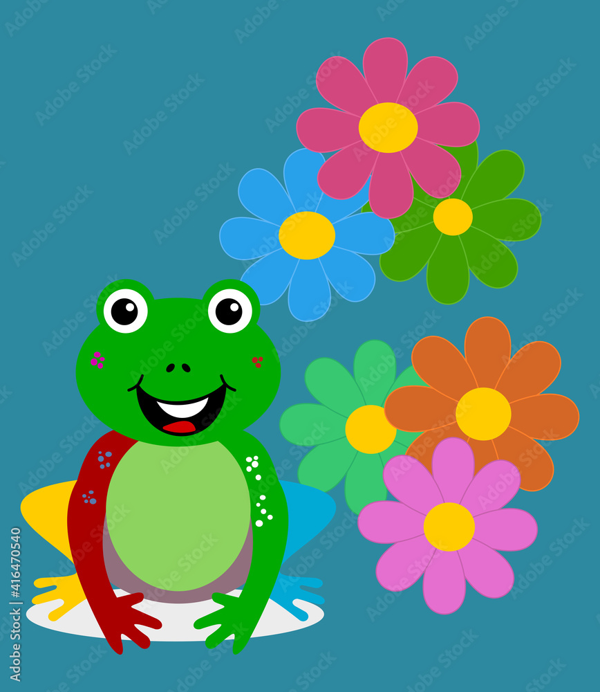 Obraz premium colourful merry carnival frog with spring flower on blue background
