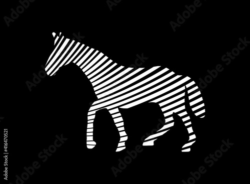 horse shadow with several geometric stripes forming a concept of a horse walking on a black background