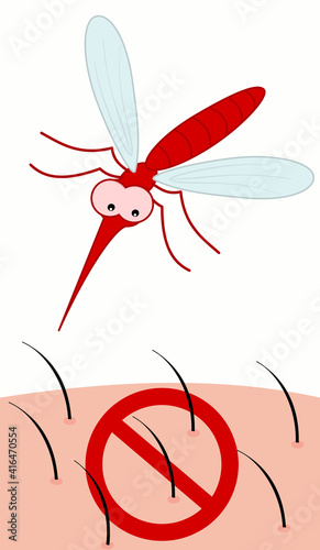 a biting mosquito flying over a skin with a prohibition sign