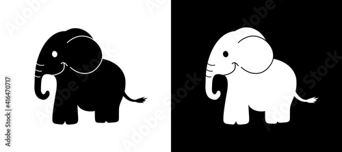 a smiling elephant in black and white with a shadow shape