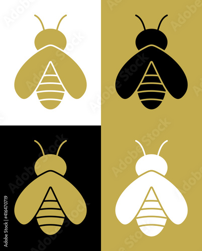 A series of icons and pictograms of golden bees on a honey-coloured background