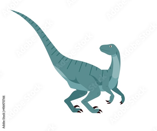 Profile of velociraptor dino. Extinct dinosaur. Raptor of ancient jurassic period. Prehistorical character. Colored flat cartoon vector illustration isolated on white background