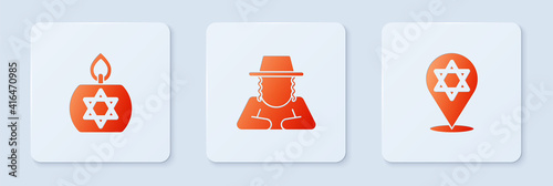 Set Orthodox jewish hat, Burning candle and Star of David. White square button. Vector.