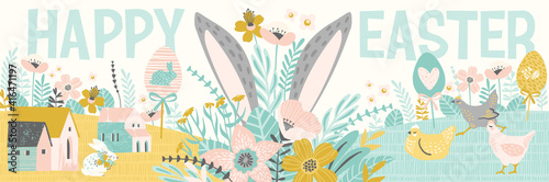 Happy Easter. Banner with cute illustrations of easter symbols and spring nature.