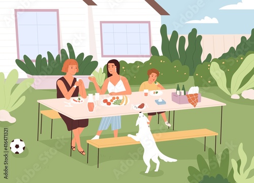 Family sitting at table in backyard of house, eating food and chatting. People and dog spending leisure time outside in summertime. Colored flat cartoon vector illustration of summer weekend