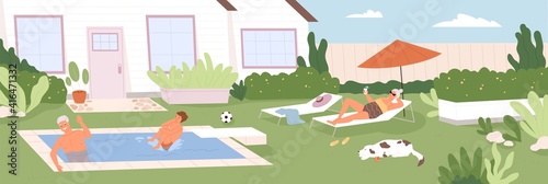 Happy boy spending summer holidays together with his grandparents in backyard of house. Grandson and grandpa swimming in pool, grandma sunbathing outdoors. Colored flat cartoon vector illustration