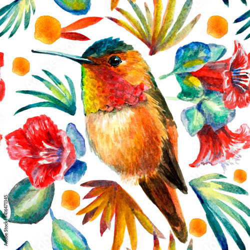 Hummingbirds and flowers pattern. Watercolor composition