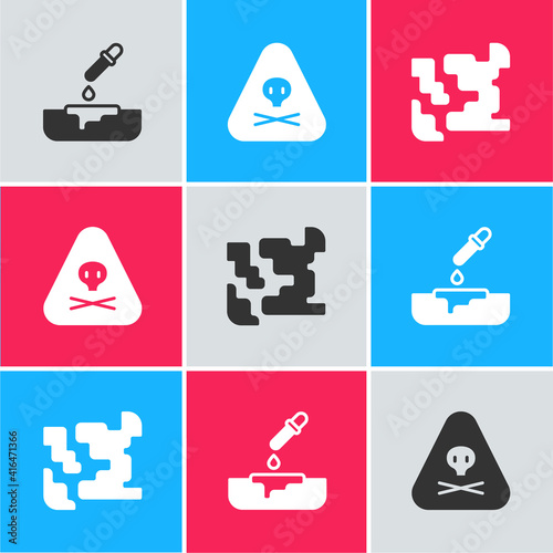 Set Petri dish with pipette, Triangle warning toxic and Gaseous icon. Vector.