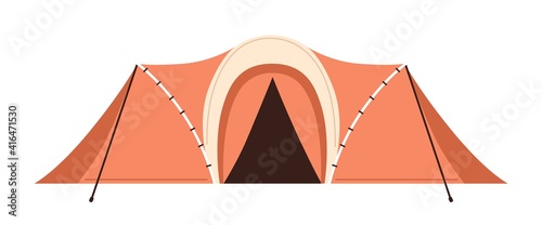 Front view of canvas tent with flat roof isolated on white background. Portable shelter for camping, nature recreation and hiking. Summer touristic equipment. Colored flat cartoon vector illustration
