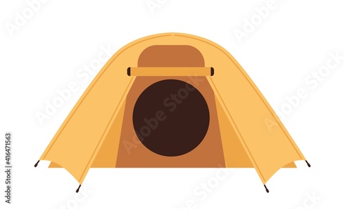 Front view of canvas tent with dome-shaped roof isolated on white background. Shelter for nature recreation, camping, hiking and mountaineering. Touristic equipment. Flat cartoon vector illustration